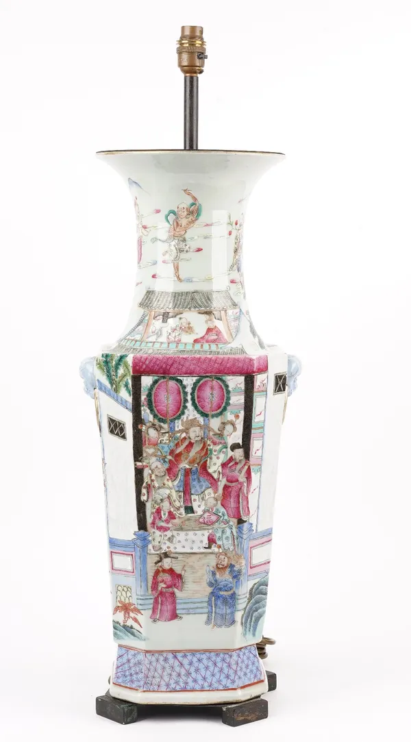 A 19th century, Chinese porcelain famille rose vase (converted to a table lamp), decorated all over with figures at leisure, against a tapering square