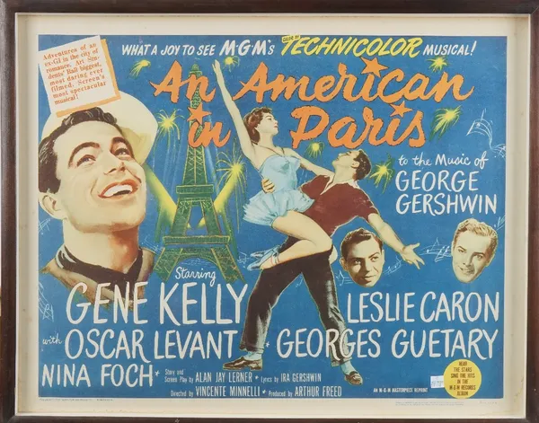 'An American In Paris' (1951) US. Half sheet, reissue 1962, MGM, director Vincente Minnelli, starring Gene Kelly, Leslie Caron, possibly laid down, 56