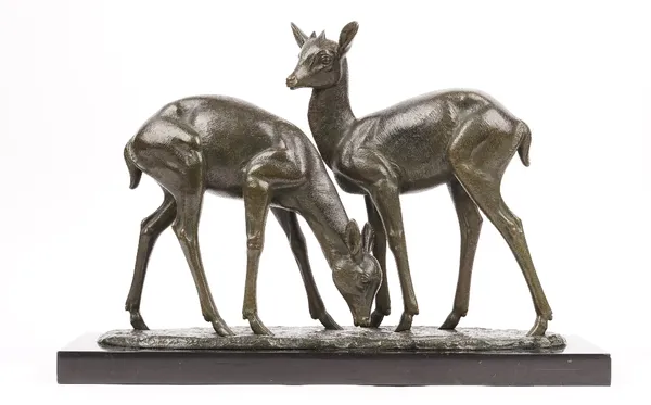 Irenee Rochard (1906-1984), a French Art Deco bronze group of two deer, signed to the cast 'I ROCHARD' and raised on a black marble plinth, 53.5cm wid