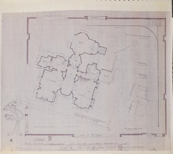 'The Pink Panther Strikes Again', 1976,  two printed production set designs, 136cm x 84cm. (2)