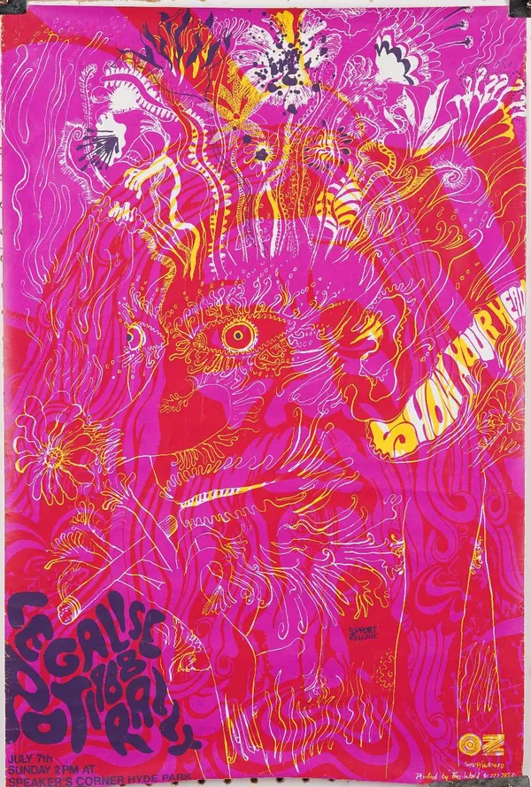 Martin Sharp, Legalise Pot Rally, 1968, a pyschedelic event poster, 'Show Your Head', designed by Martin Sharp and John Hurford, 1968, (rolled), 74.5c