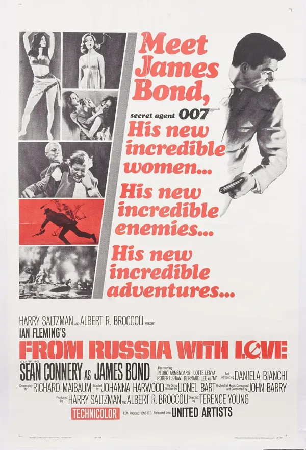 Film Poster; 'Meet James Bond' 'From Russia with Love, 1964 US re-release, United Artists, laid to linen, 106cm x 68cm.