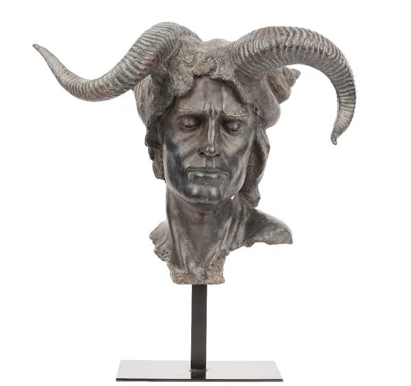 A modern bronzed composite bust, depicting an anthropomorphic male with curved horns on a black metal base, 55cm high.