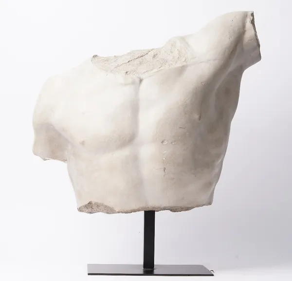 A modern faux marble partial torso, raised on a black metal base, 60cm high.