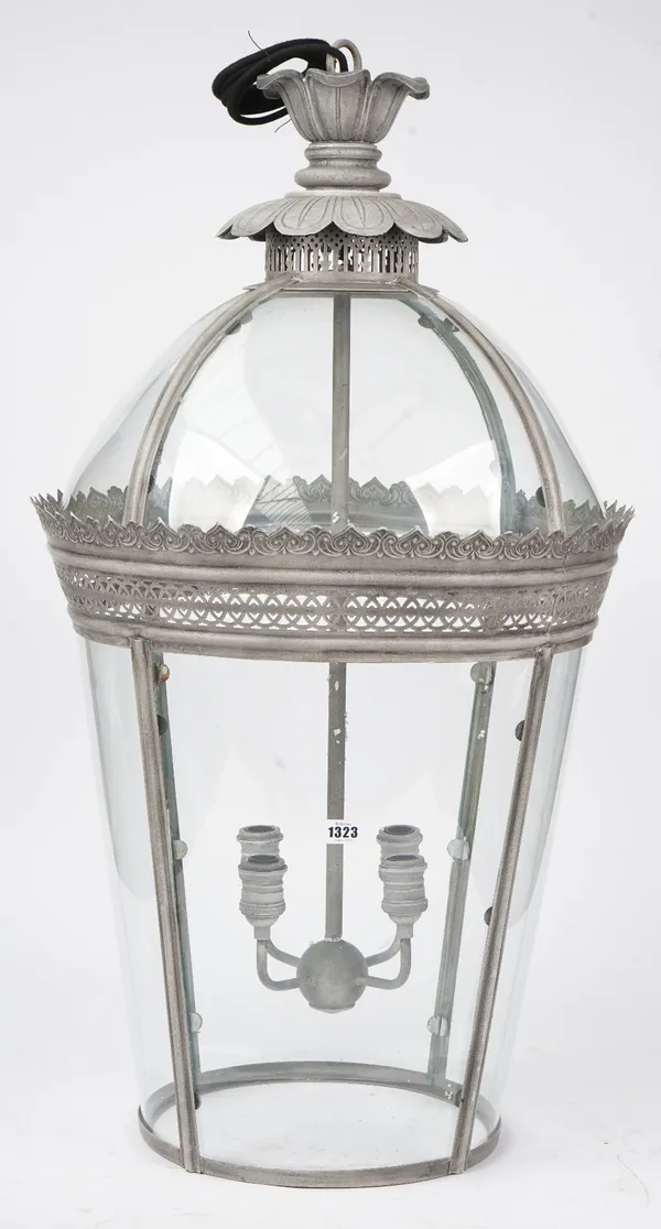 A Georgian style silver/grey lantern, modern, of domed form with pierced foliate circlet and internal four light fitment, 97cm high.