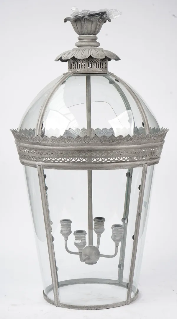 A Georgian style silver/grey lantern, modern, of domed form with pierced foliate circlet and internal four light fitment, 97cm high.