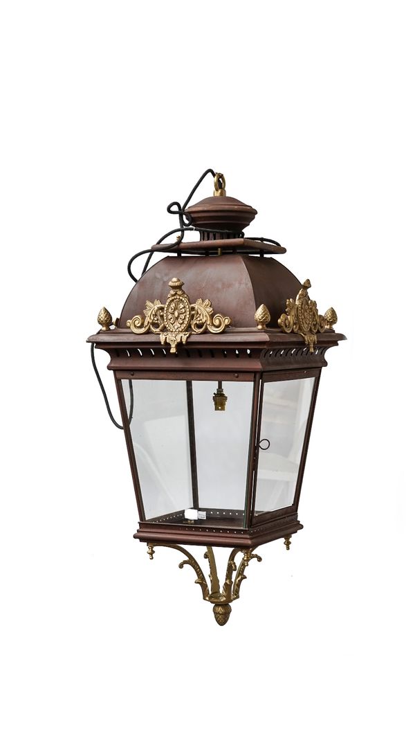 A Victorian style gilt and patinated metal lantern, modern, with gilt acorn finials over a square tapering body and internal single light fitment, 100