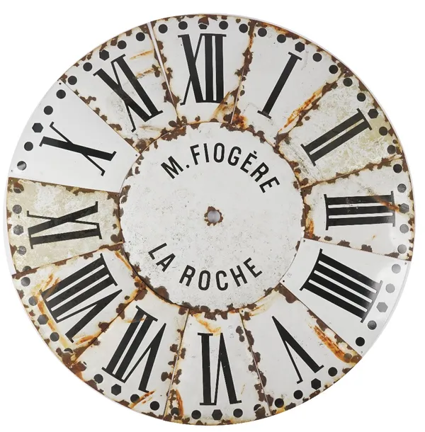 A French enamel clock face, early 20th century (later parts), comprising a central circular plate detailed 'M. FIOGERE LA ROCHE', 60cm, and twelve fur