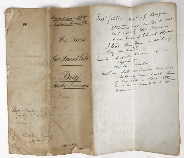 Brief for the Prosecution, The Old Bailey, London, Queen v George Samuel Cooke, 1893, an 8pp. manuscript recording the trial of 27 year old police con