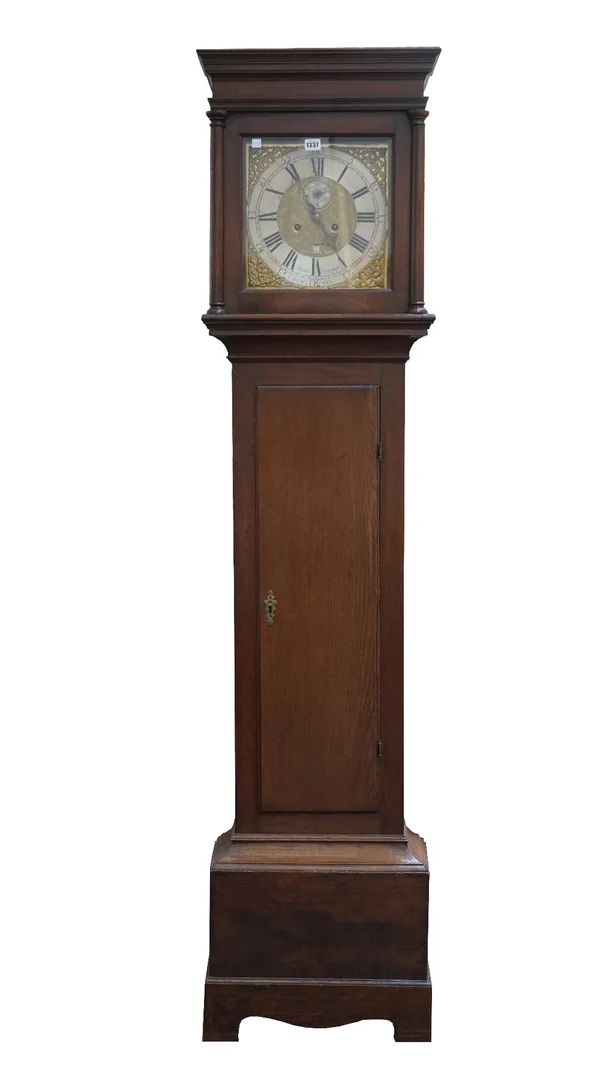 An oak longcase clock, 19th century, by James Douglas Chertsey, with square hood, brass foliate plate with seconds dial and date aperture over a waist