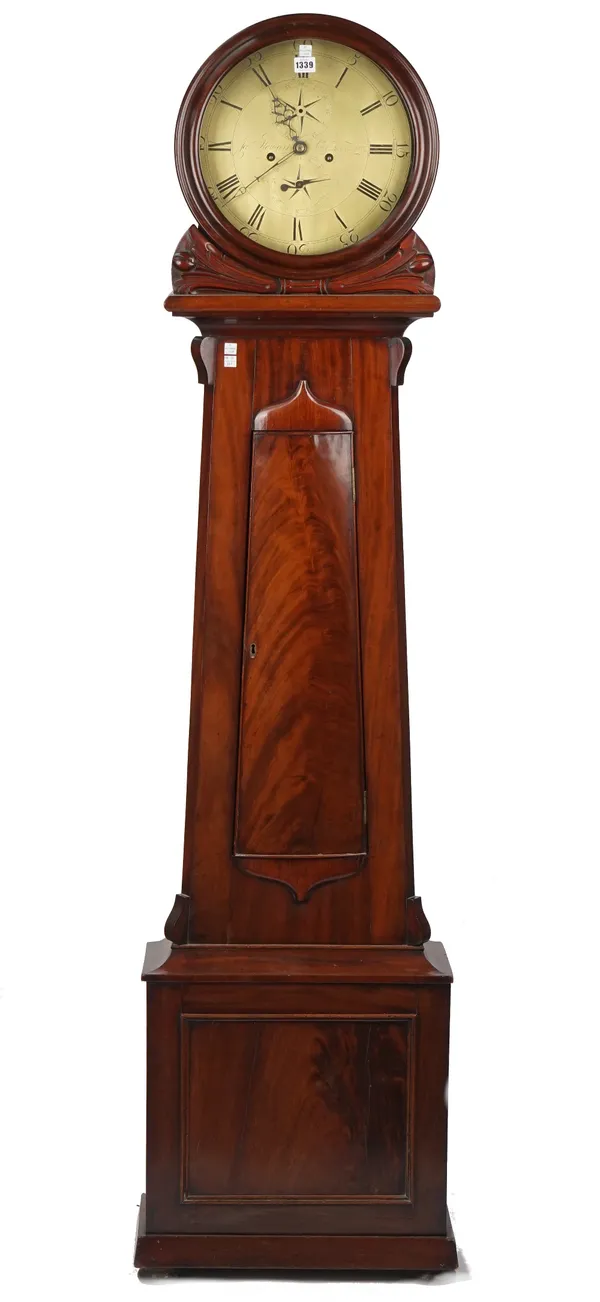 A Scottish Victorian drum-head mahogany longcase clock, the brass 13 inch dial detailed 'Stewarts Glasgow', with two subsidiary dials over a tapering