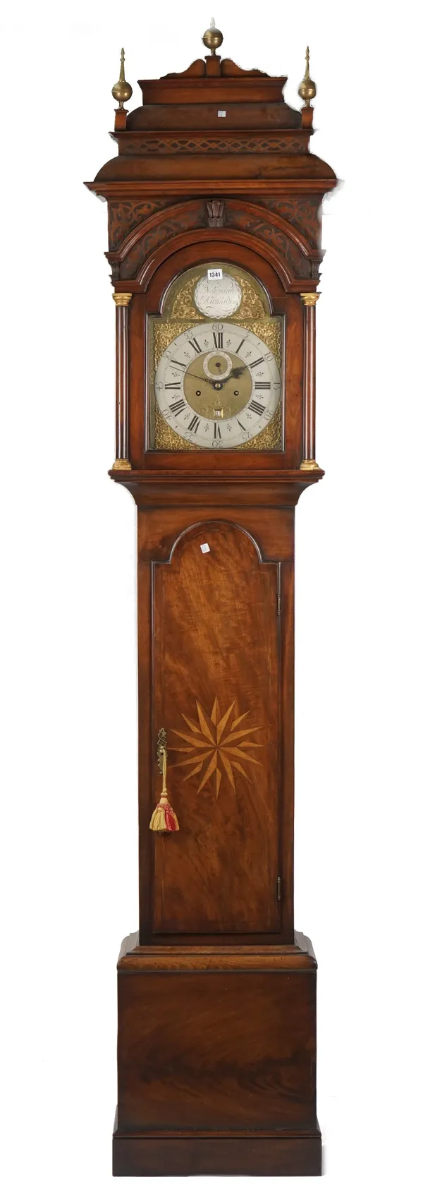 A mahogany longcase clock, by Nehemiah Richardson, with foliate embelished arch top dial, subsidiary seconds hand and date aperture over a waisted cas