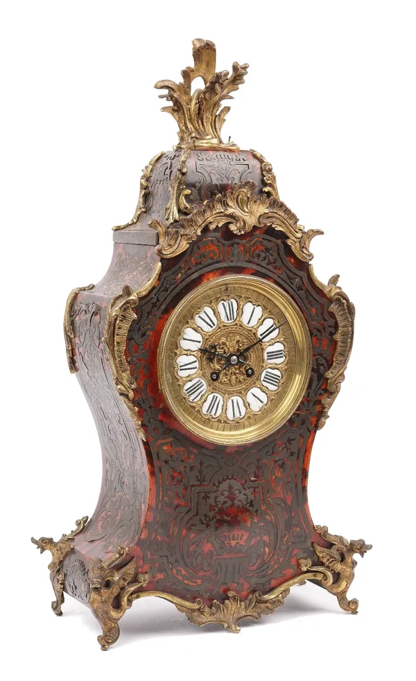 A French boulle work mantel clock, late 19th century, with brass dial and enamel Roman numerals, two train movement with count wheel and hammer striki