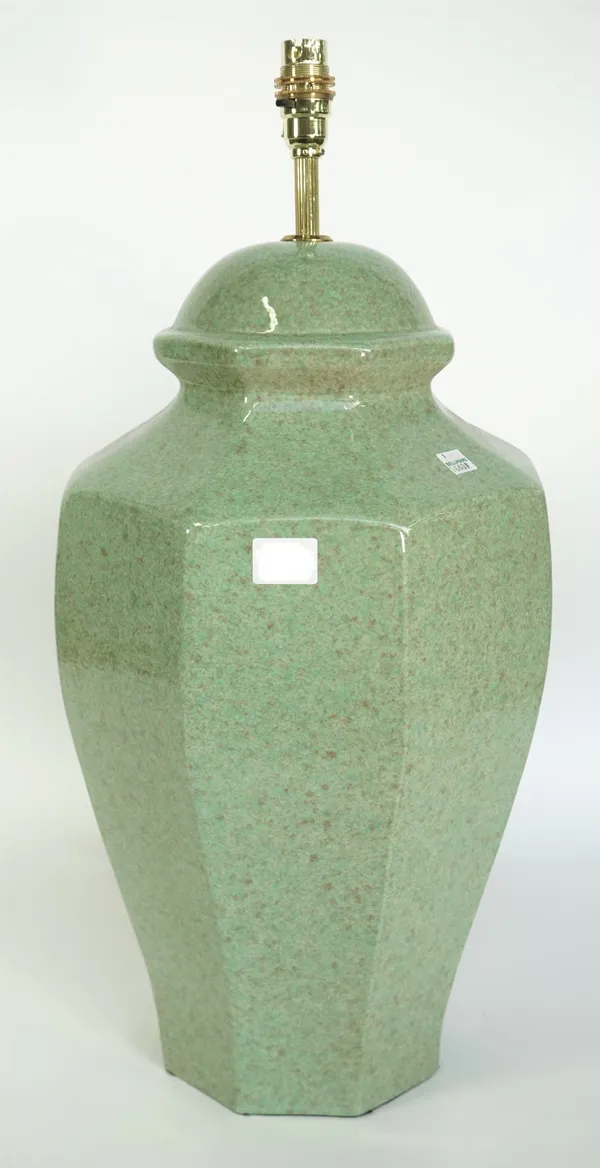 A modern pottery table lamp by Tingewick Pottery, green speckled glaze against an octagonal tapering body, 50cm high.