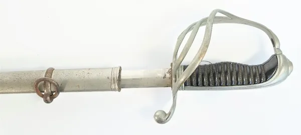 A French officer's sword with straight polished steel blade, 85cm, engraved and dated 1893, with wire bound wooden grip and steel scabbard.