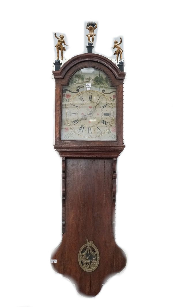 A 19th century Dutch oak cased Zaandam wall clock, with glazed hood and painted tin dial, 165cm high, 1 lead filled weight and pendulum.