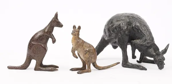 An Austrian cold painted bronze kangaroo, late 19th century, stamped 'Made in Austria', 7.5cm high, a larger bronze kangaroo stamped 'Geelong', 10cm h