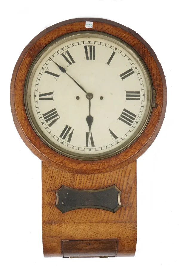 A oak cased drop dial wall clock, early 20th century, with 12 inch tin dial, twin fusee movement and pendulum aperture below, 65cm high.