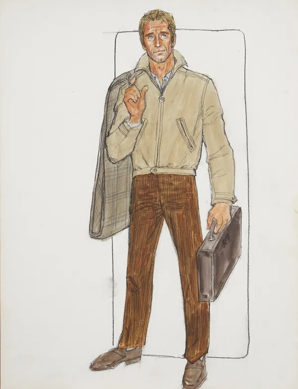 Edith Head (1897 - 1981)  Costume Designs,  a group of three film production costume sketches for Paul Newman in the role of Steve Sherman, (Paramount