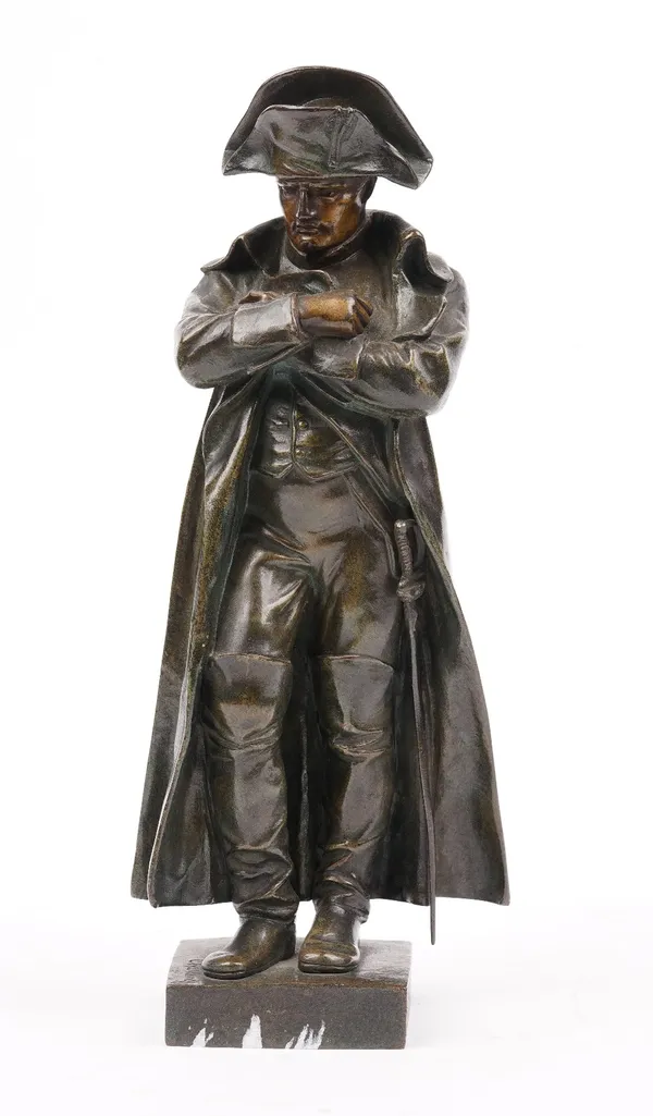 A patinated bronze figure of Napoleon Bonaparte, 19th century, raised on a square plinth and signed 'Chavane', 31cm high.