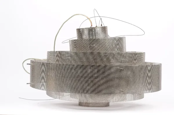 A 1950s style wire mesh ceiling light, of concentric circlet form with chrome ceiling mount, 68cm diameter.