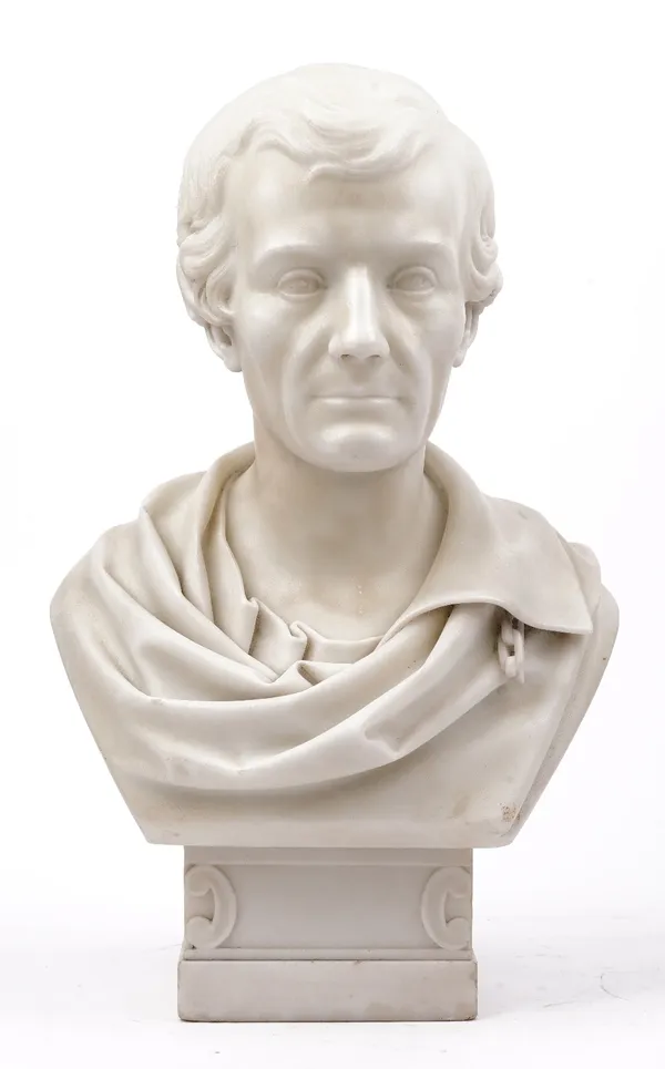 A late 19th century marble bust of a gentleman, signed 'MELI' to the rear and raised on a marble plinth, 44cm high, with a later ebonised wooden stand