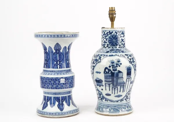 A Chinese Kangxi style blue and white vase, 19th century, of archaic form, converted to a table lamp on hardwood stand, 33.5cm high, and one further C