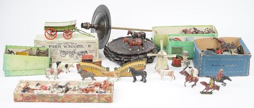 A quantity of Britains hollow-cast lead figures and accessories from the farm range, also including a part hunting set and military figures, pre-war,