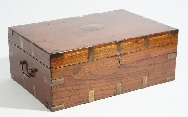 A 19th century Anglo-Indian brass bound teak travelling campaign table box, 57cm wide x 22cm high.