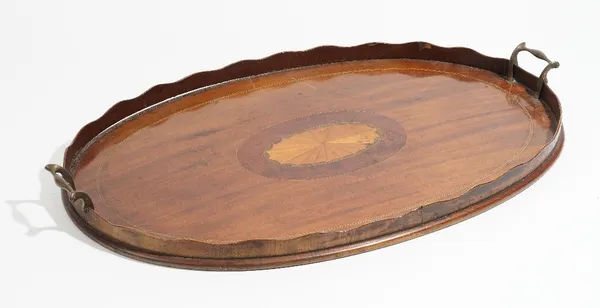 A 19th century marquetry inlaid oval serving tray, with wavy gallery, 67cm wide.