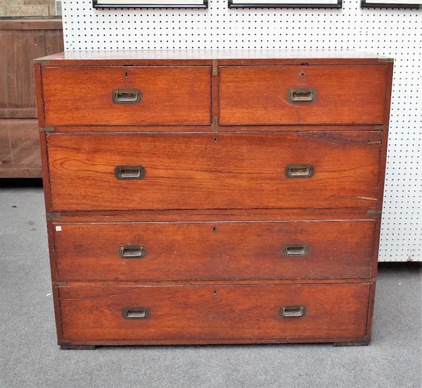 ARMY & NAVY C.S.L,  a 19th century brass bound teak two part campaign chest of two short and three long drawers, 115cm wide x 107cm high.