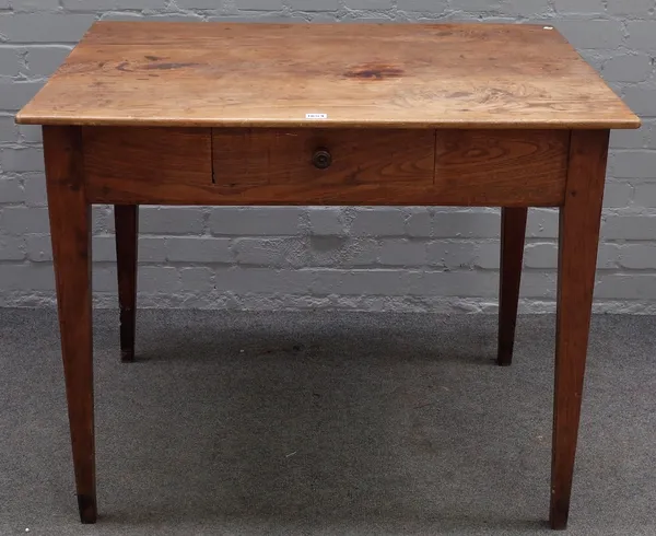 A 19th century French elm single drawer rectangular side table, on tapering square supports, 95cm wide x 76cm high.