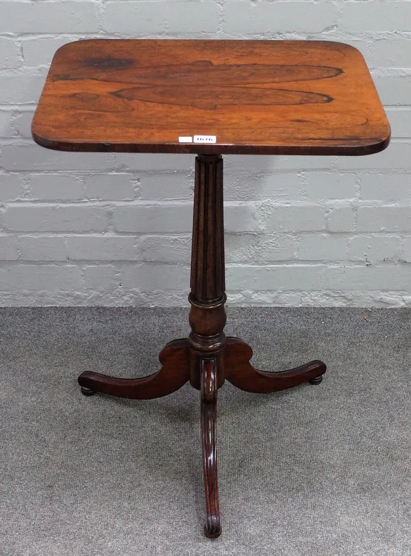 A Regency rosewood rectangular top tripod occasional table, on reeded column, 54cm wide x 73cm high.