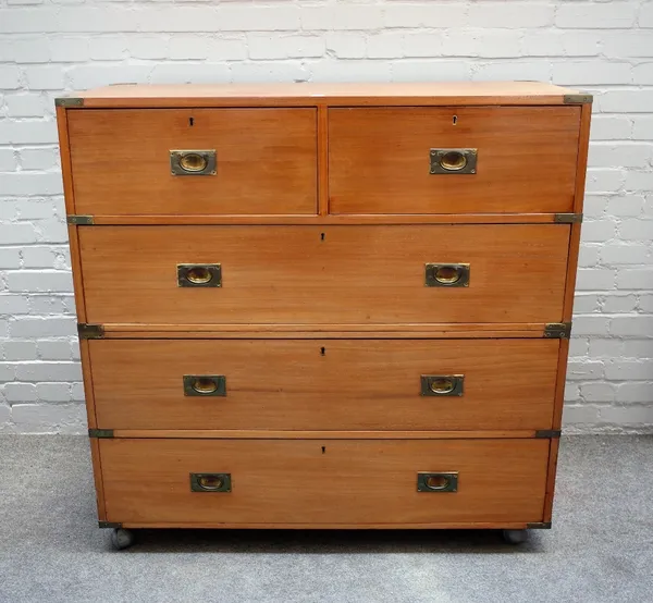 A 19th century brass bound mahogany two part campaign chest, with two short over three long drawers, 117cm wide x 114cm high.