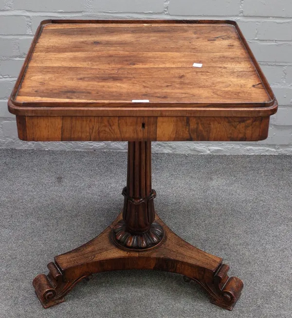 A Regency rosewood single drawer side table, on reeded column and three scroll feet, 51cm wide x 62cm high.