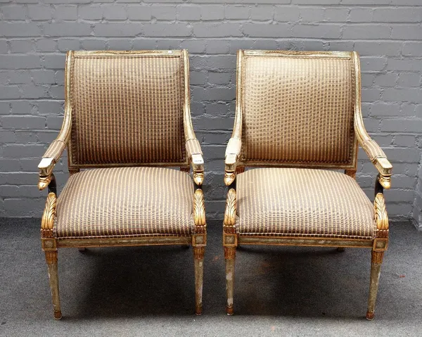 A pair of 18th century style French open armchairs, with eagle head arm supports on turned legs, 61cm wide x 96cm high.