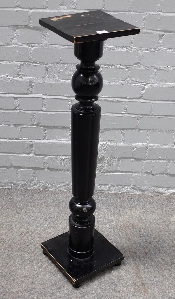 An ebonised jardiniere stand, with square top and turned column, 98cm high.