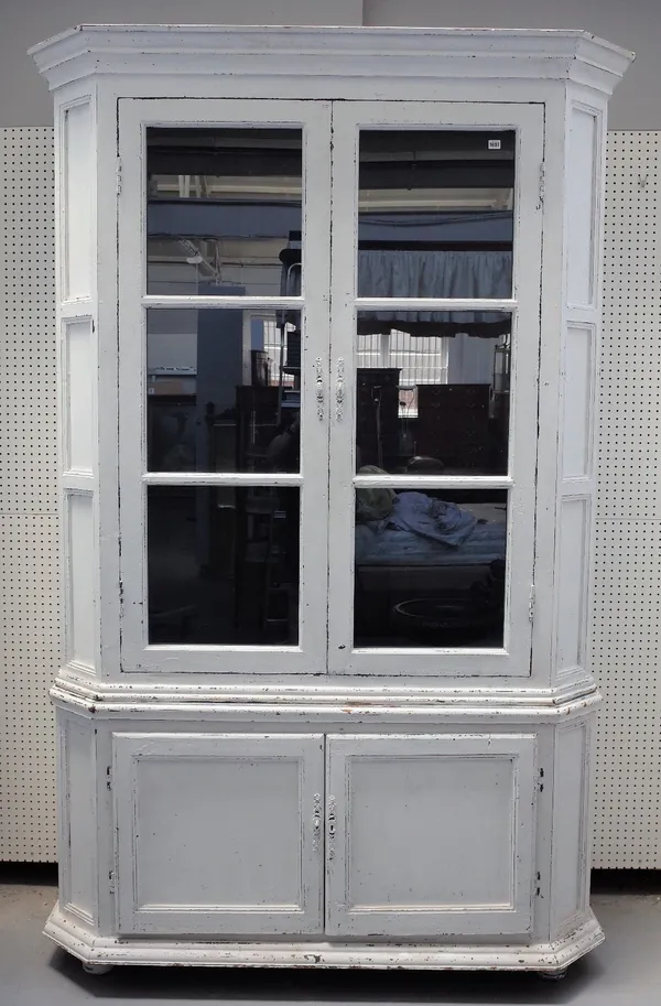 A large 18th century Dutch style white painted display cabinet cupboard,the glazed upper with swept sides over cupboard base, 163cm wide x 256cm high.