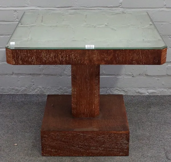 An Art Deco limed oak occasional table, with mirrored canted square top, 61cm wide x 54cm high.