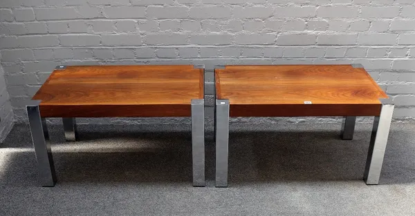 DURLUND, made in Denmark, a pair of mid-20th century rectangular walnut occasional tables on square chrome supports, 81cm wide x 41cm high.