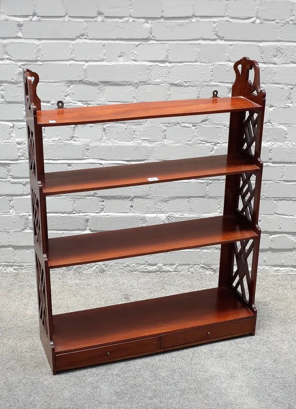 A George III style set of four tier mahogany shelves, with a pair of drawers and fret cut sides, 75cm wide x 97cm high.