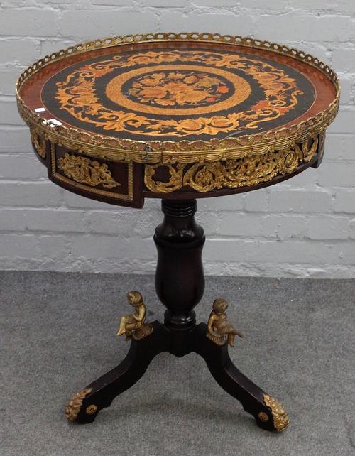 A late 19th century French gilt metal mounted floral marquetry inlaid circular occasional table, on tripod base, 60cm diameter x 75cm high.
