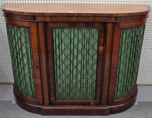 A Victorian rosewood credenza, with three brass grille doors on plinth base, 136cm wide x 93cm high.