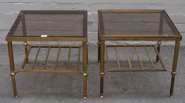 A pair of mid-20th century glass and lacquer brass square two tier occasional tables, on reeded supports, 46cm wide x 41cm high.