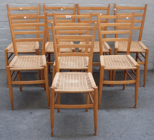 In the manner of GIO PONTI, a set of six beech ladder back mid-20th century dining chairs, with woven seats and turned supports, 40cm wide x 92cm high