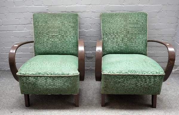 Czech Halabala, a pair of mid-20th century openarm easy chairs, on block supports, 67cm wide x 83cm high.