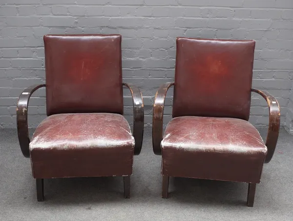 Czech Halabala, a pair of mid-20th century openarm easy chairs, on block supports, 67cm wide x 83cm high.