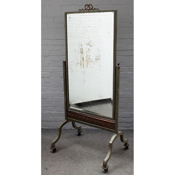 A 20th century French metal framed cheval mirror on four downswept supports, 80cm wide x 182cm high.