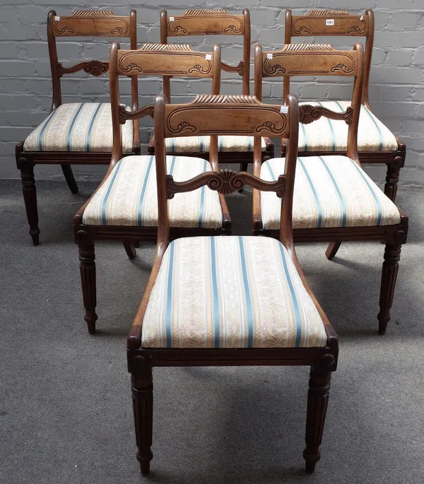 A set of six Regency mahogany dining chairs, on reeded supports, 47cm wide x 83cm high, (6).