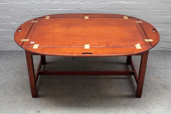 A George III style drop flap mahogany butler's tray on stand, 101cm wide x 64cm high.